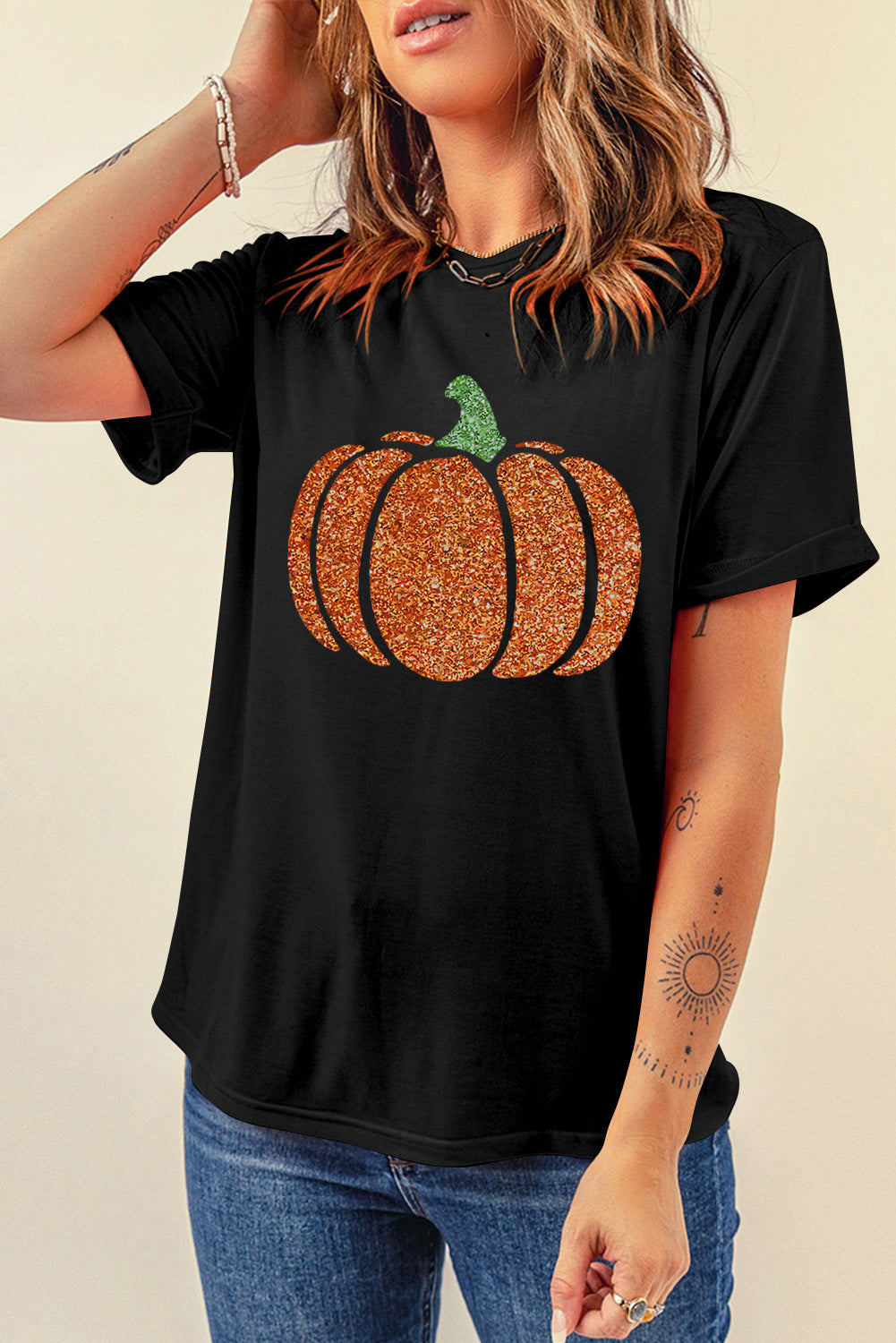 Glitter Pumpkin Round Neck Short Sleeve T-Shirt