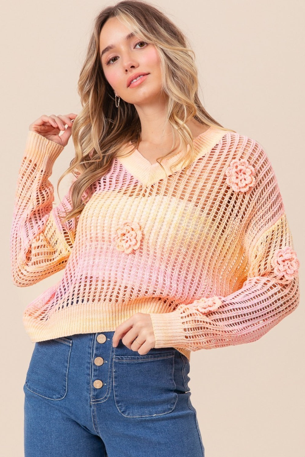 BiBi Ombre Crochet Flower Knit Top